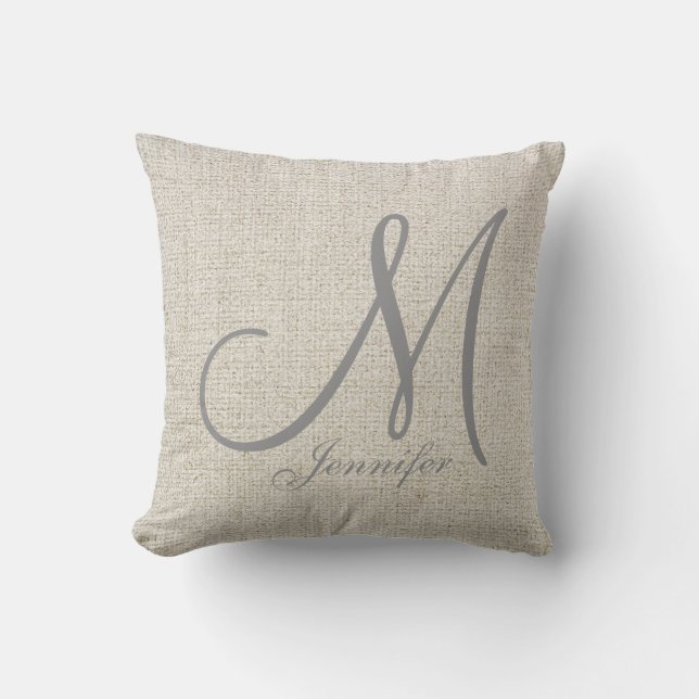 Light BEIGE ECRU Linen GREY Monogram Cushion (Front)