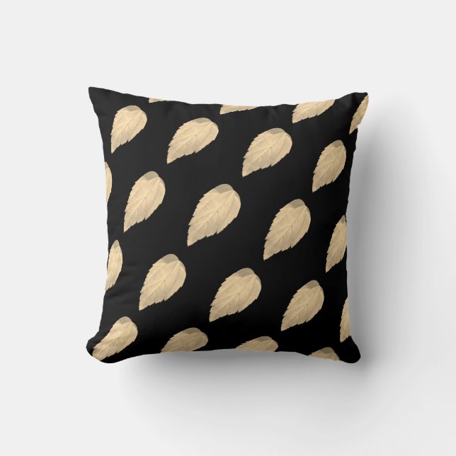 Light Beige Leaves Pattern on Black Cushion (Front)