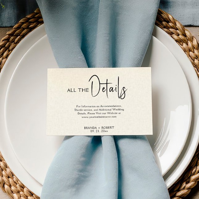 Light beige Linen Black Script Wedding Details Invitation (Creator Uploaded)