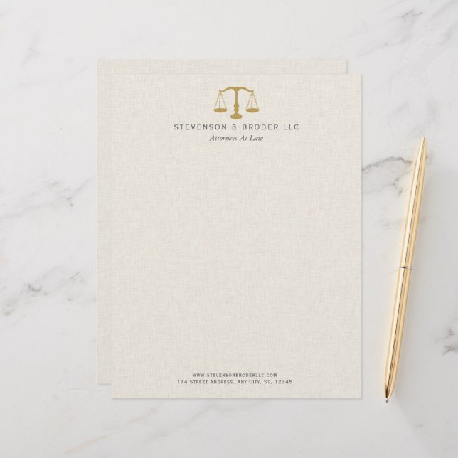 Light Beige Linen & Gold Law Practice Scale Custom Letterhead (Front/Back In Situ)