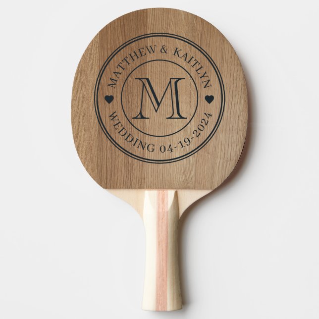 Light Birch Wood Wedding Monogram Heart Ping Pong Paddle (Front)