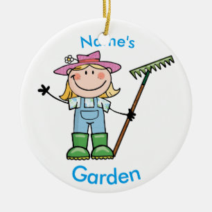 Light Blonde Girl Gardener in Overalls & Boots Ceramic Tree Decoration