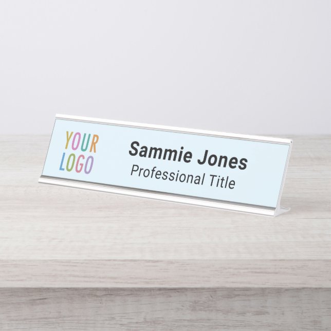 Light Blue 2x8 Desk Name Plate with Business Logo (Front)