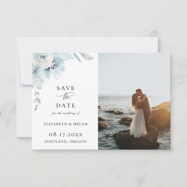 Light Blue Airy Floral Photo Save The Date Announcement (Front)