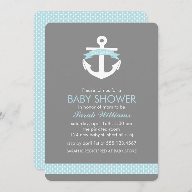 Light Blue Anchor Nautical Boy Baby Shower Invitation (Front/Back)