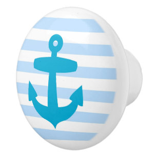 Light Blue Anchor on Pastel nautical stripes Ceramic Knob