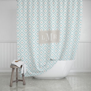 Light Blue and Beige Geometric Monogram Shower Curtain