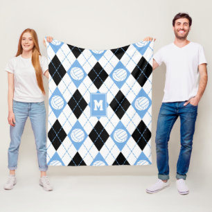 light blue and black argyle pattern w volleyballs fleece blanket
