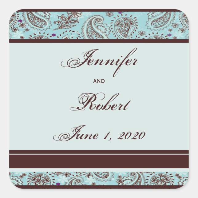 Light Blue and Brown Paisley Wedding Envelope Seal (Front)