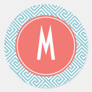 Light Blue and Coral Greek Key Pattern Monogram Classic Round Sticker