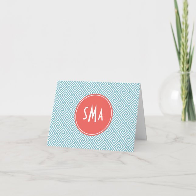 Light Blue and Coral Greek Key Pattern Monogram Note Card (Front)