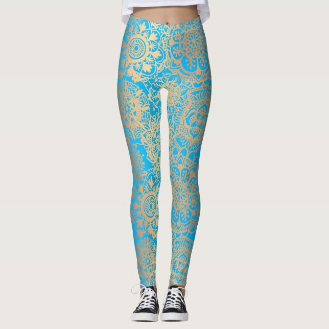 Light Blue and Gold Boho Mandala Pattern Yoga Leggings (Front)