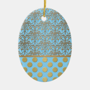 Light Blue and Gold Damask and Polka Dots Ceramic Ornament