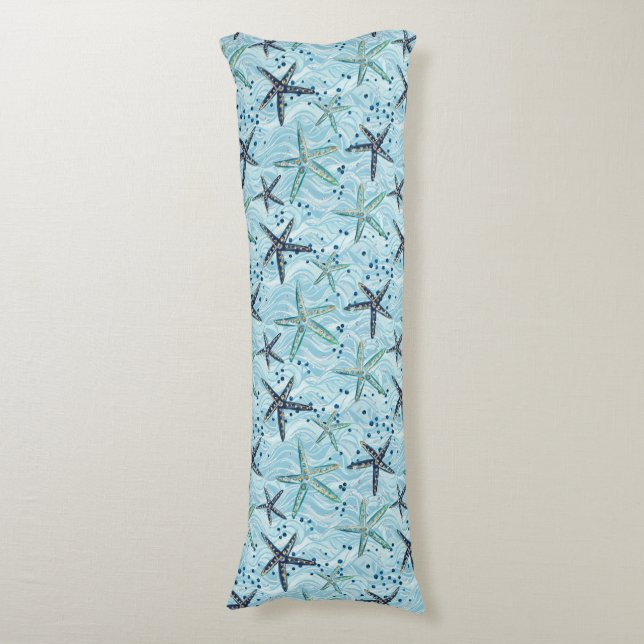 Light Blue and Gold Starfish on Ocean Wave Pattern Body Cushion (Front Vertical)