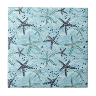 Light Blue and Gold Starfish on Ocean Wave Pattern Ceramic Tile