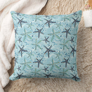 Light Blue and Gold Starfish on Ocean Wave Pattern Cushion