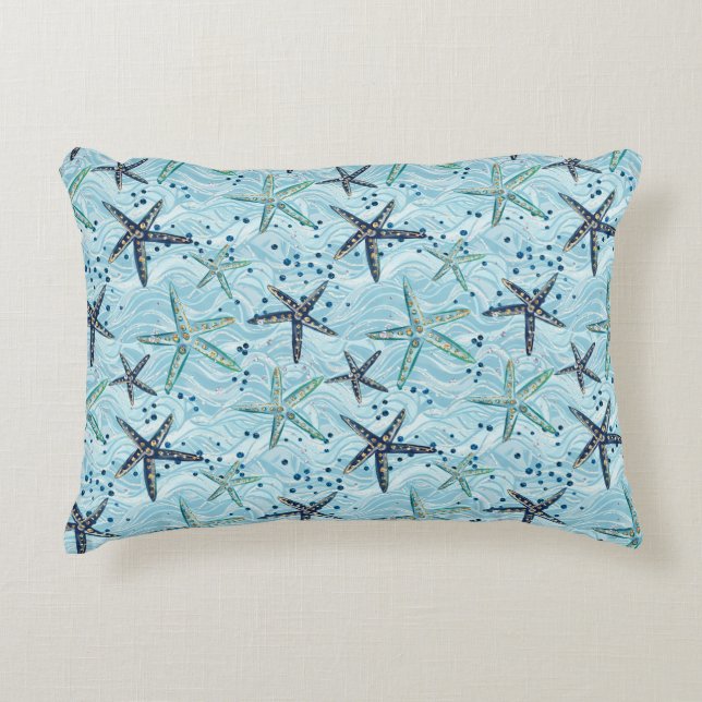 Light Blue and Gold Starfish on Ocean Wave Pattern Decorative Cushion (Front)