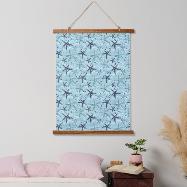 Light Blue and Gold Starfish on Ocean Wave Pattern Hanging Tapestry (Bedroom)