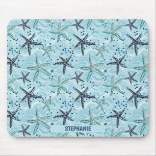 Light Blue and Gold Starfish on Ocean Wave Pattern Mouse Pad