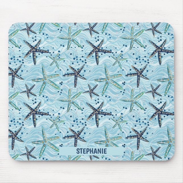 Light Blue and Gold Starfish on Ocean Wave Pattern Mouse Pad (Front)
