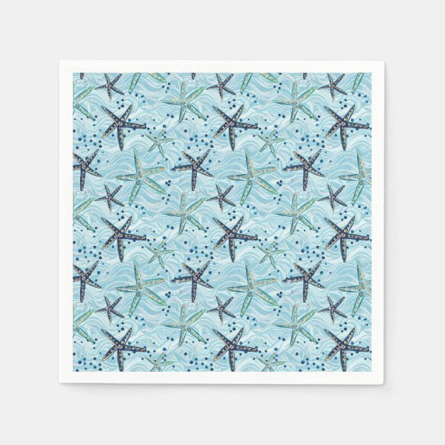 Light Blue and Gold Starfish on Ocean Wave Pattern Napkin (Front)