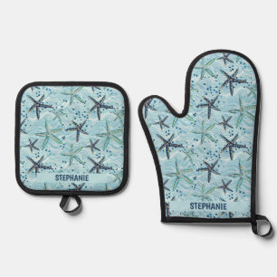 Light Blue and Gold Starfish on Ocean Wave Pattern Oven Mitt & Pot Holder Set