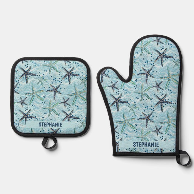 Light Blue and Gold Starfish on Ocean Wave Pattern Oven Mitt & Pot Holder Set (Front)