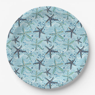 Light Blue and Gold Starfish on Ocean Wave Pattern Paper Plate