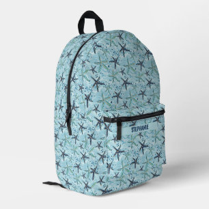 Light Blue and Gold Starfish on Ocean Wave Pattern Printed Backpack
