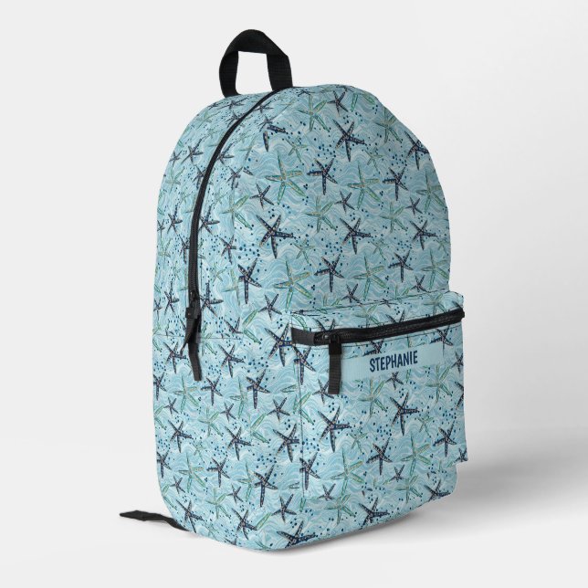 Light Blue and Gold Starfish on Ocean Wave Pattern Printed Backpack (Back Corner Left)