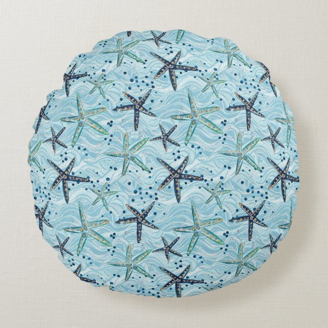 Light Blue and Gold Starfish on Ocean Wave Pattern Round Cushion (Front)