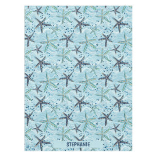 Light Blue and Gold Starfish on Ocean Wave Pattern Tablecloth