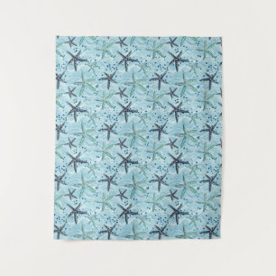Light Blue and Gold Starfish on Ocean Wave Pattern Tapestry