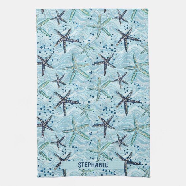 Light Blue and Gold Starfish on Ocean Wave Pattern Tea Towel (Vertical)