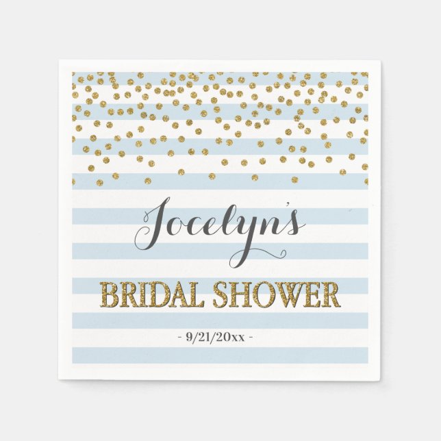 Light Blue and Gold Stripes Confetti Bridal Shower Napkin (Front)