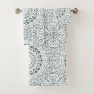 Light Blue and Green Medallion Design Bath Towel Set