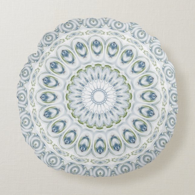Light Blue and Green Medallion Design Round Cushion (Front)