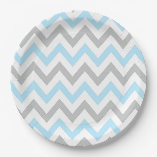 Light Blue and Grey Chevron - Modern, Boy Paper Plate (Front)