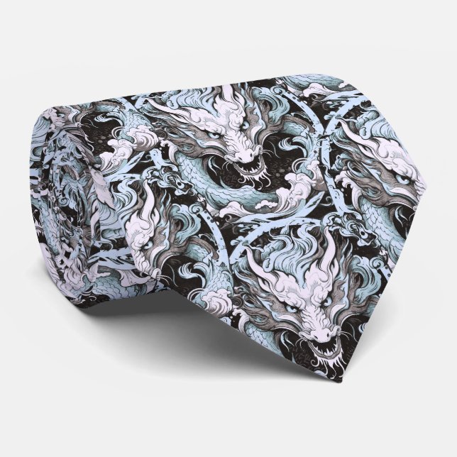 Light Blue and Grey Chinese Dragons Tie (Rolled)