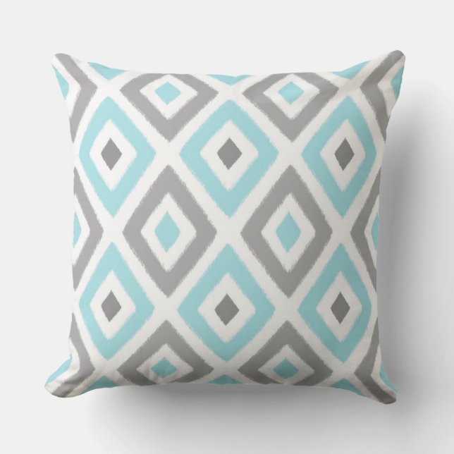 Light Blue and Grey Ikat Diamond Pattern Cushion (Front)