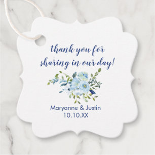 Light Blue and Navy Blue Watercolor Floral Wedding Favour Tags