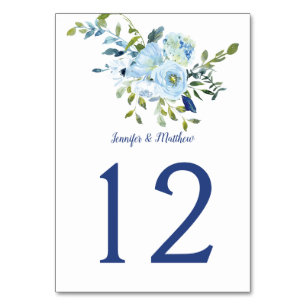 Light Blue and Navy Watercolor Floral Table Number