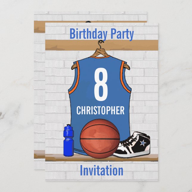 Light Blue and Orange Basketball Jersey Birthday Invitation (Front/Back)