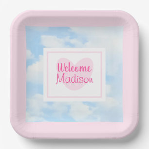 Light Blue and Pink Heart Baby Girl Shower Paper Plate