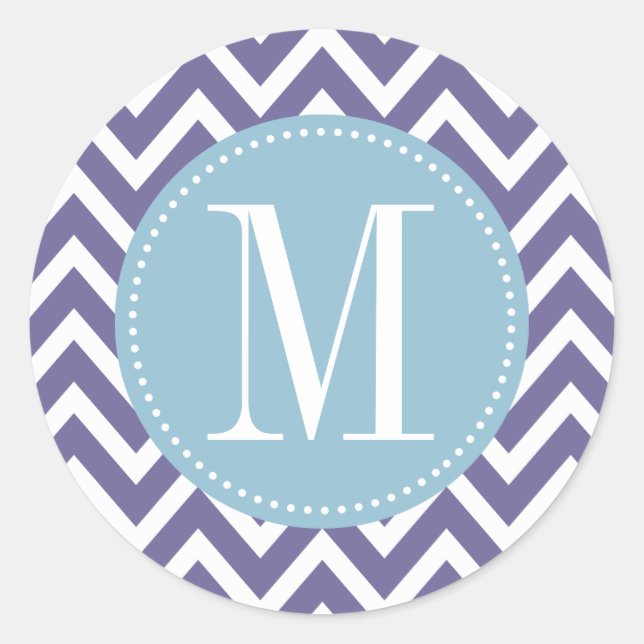 Light Blue and Purple Chevron Custom Monogram Classic Round Sticker (Front)