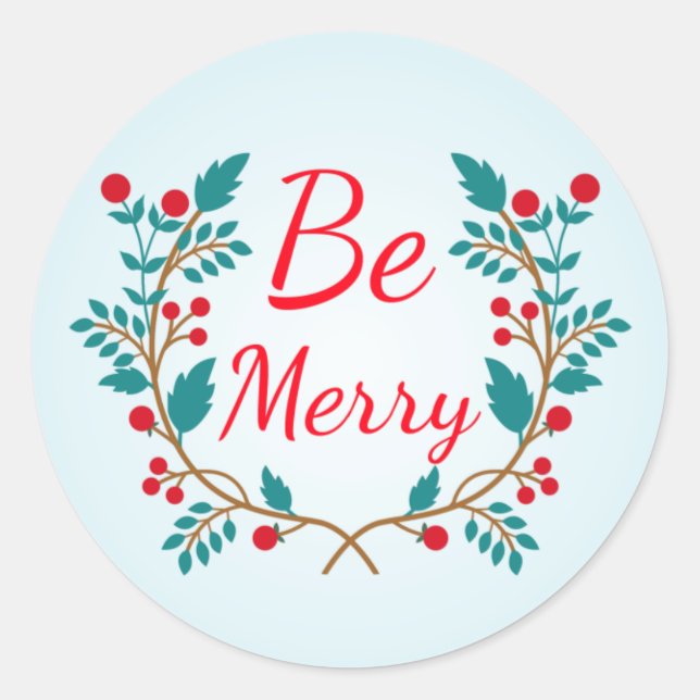 Light Blue and Red Christmas Wreath "Be Merry" Classic Round Sticker (Front)