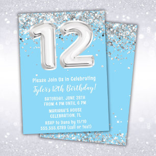 Light Blue and Silver 12th Birthday Invitation