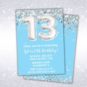 Light Blue and Silver 13th Birthday Invitation