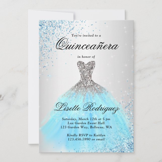 Light Blue And Silver Quinceanera Invitation (Front)