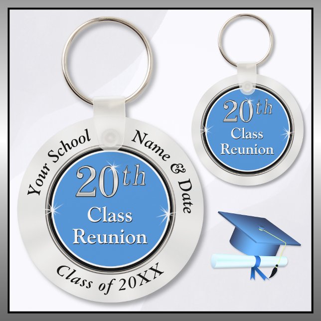 Light Blue and White, 20th Class Reunion Favours,  Key Ring (20 year class reunion ideas. 20th class reunion gifts for classmates. Carolina blue, Black and White)